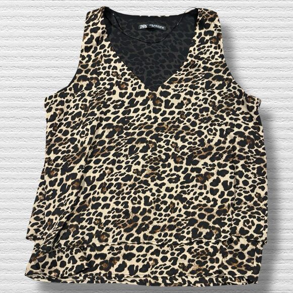Zara Leopard Cheetah Animal Print Flowy Sleeveless V Neck Blouse Tank Top XS - Picture 1 of 6